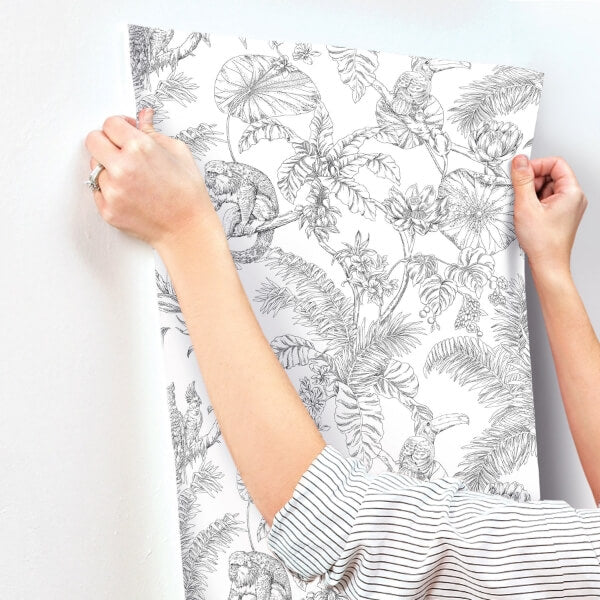 Tropical Sketch Toile Black Wallpaper