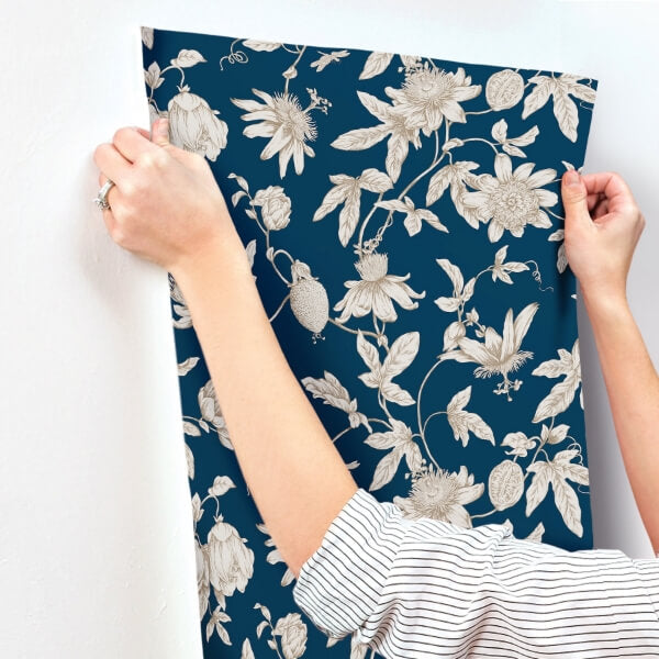 Passion Flower Toile Navy Wallpaper