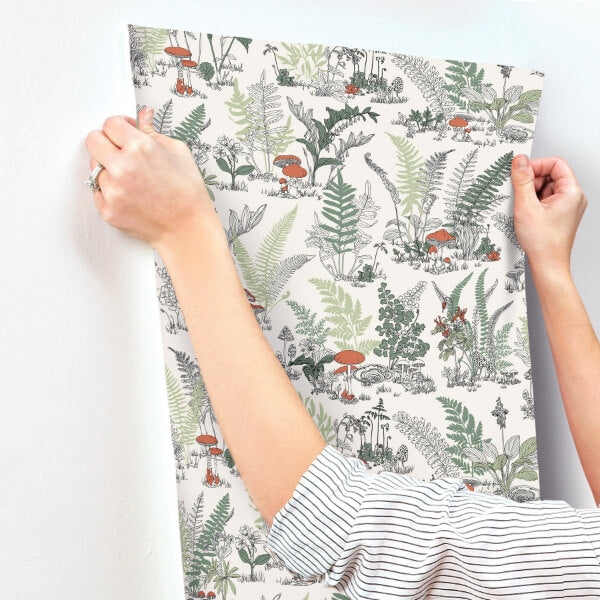 Mushroom Garden Toile Red & Green Wallpaper