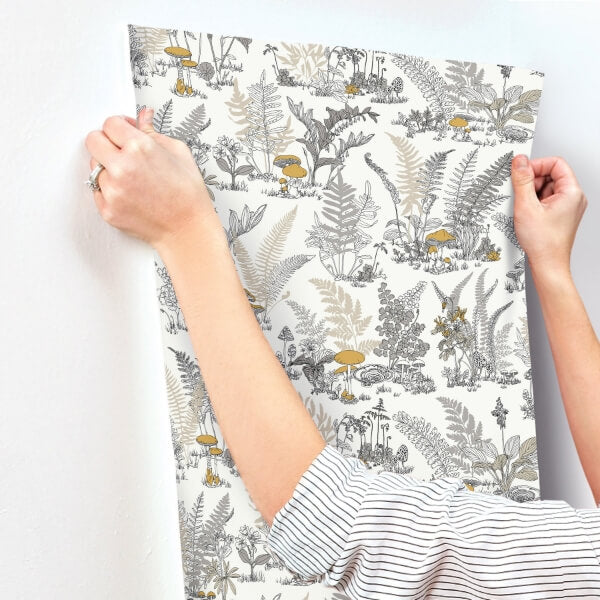Mushroom Garden Toile Neutral & Gold Wallpaper