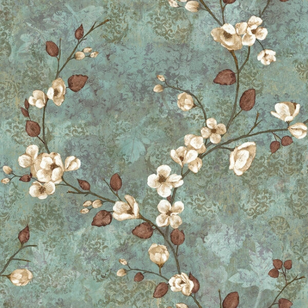 Dogwood Teal & Dark Brown Wallpaper