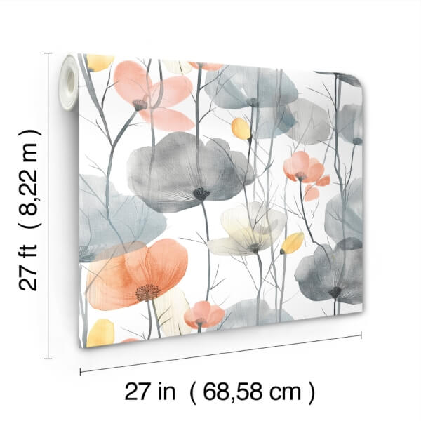 Cotswolds Poppies Coral Floral Wallpaper