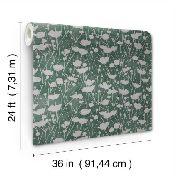 Shimmering Poppies Green & Silver Wallpaper