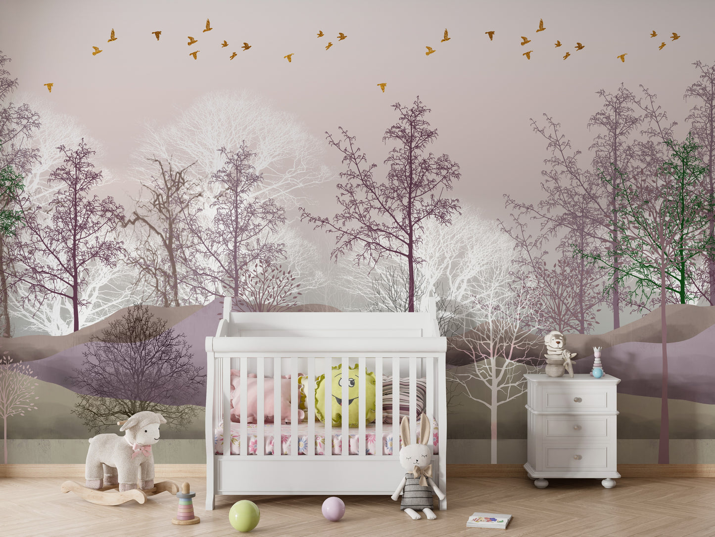 Blush Birds and Trees Mural