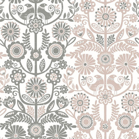 2821-25105 Lovebirds Light Pink Folk Stripe Wallpaper