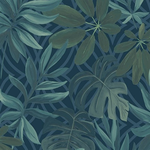 2763-24201 Nocturnum Blue Leaf Wallpaper By Brewster