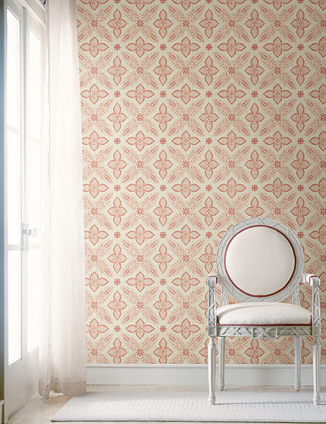 1014-001828 Red Off Beat Ethnic Geometric Floral Wallpaper By Brewster