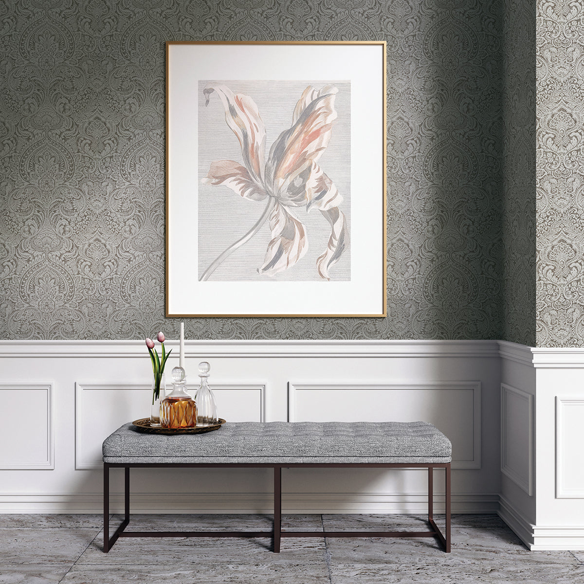 Artemis Pewter Floral Damask Wallpaper