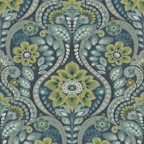 2763-12101 Night Bloom Navy Damask Wallpaper By Brewster