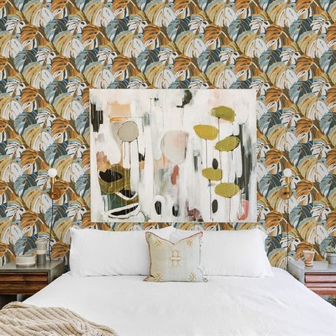 2969-26011 Samara Orange Monstera Leaf Wallpaper by Brewster