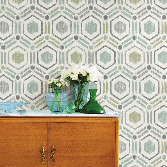2901-25435 Borneo Light Green Geometric Grasscloth Wallpaper