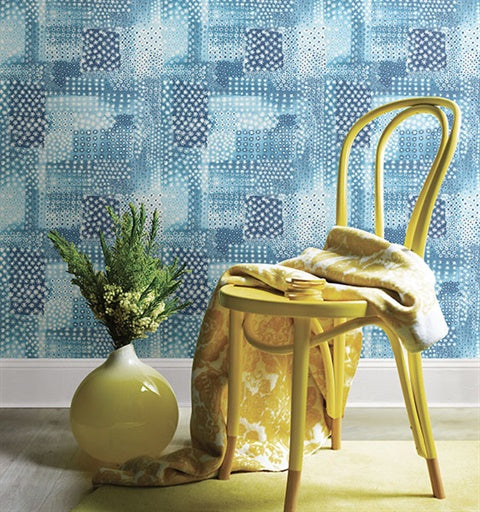 1014-001862 Indigo Flower Power Patchwork Wallpaper By Brewster