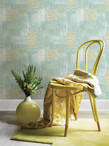 1014-001863 Turquoise Flower Power Patchwork Wallpaper By Brewster