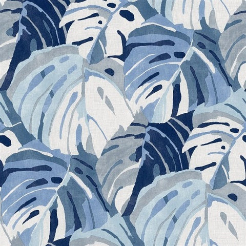2969-26007 Samara Blue Monstera Leaf Wallpaper by Brewster