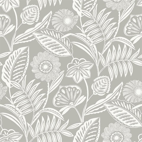 2969-87531 Alma Light Grey Tropical Floral Wallpaper by Brewster