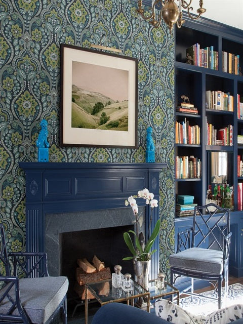 2763-12101 Night Bloom Navy Damask Wallpaper By Brewster