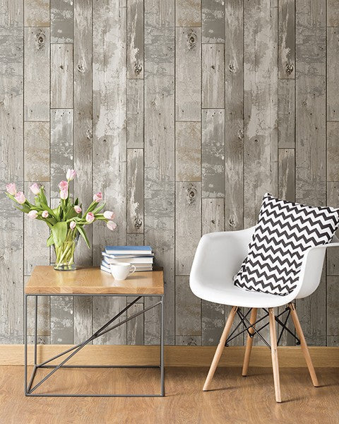 Deena Grey Distressed Wood Wallpaper
