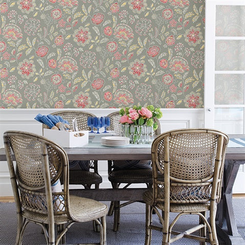 2744-24108 Tropez Coral Jacobean Wallpaper By Brewster