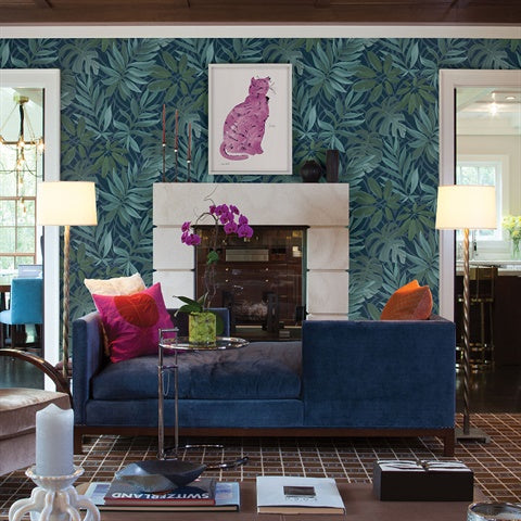 2763-24201 Nocturnum Blue Leaf Wallpaper By Brewster