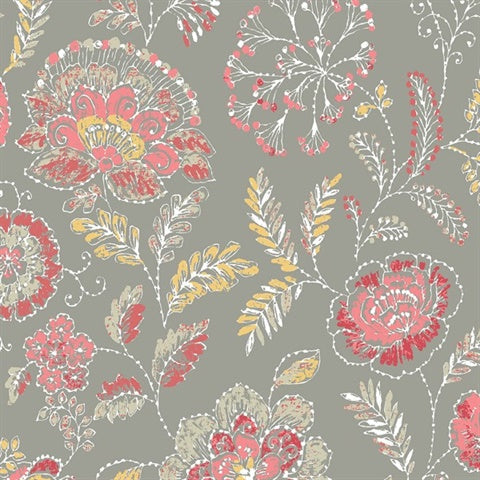 2744-24108 Tropez Coral Jacobean Wallpaper By Brewster