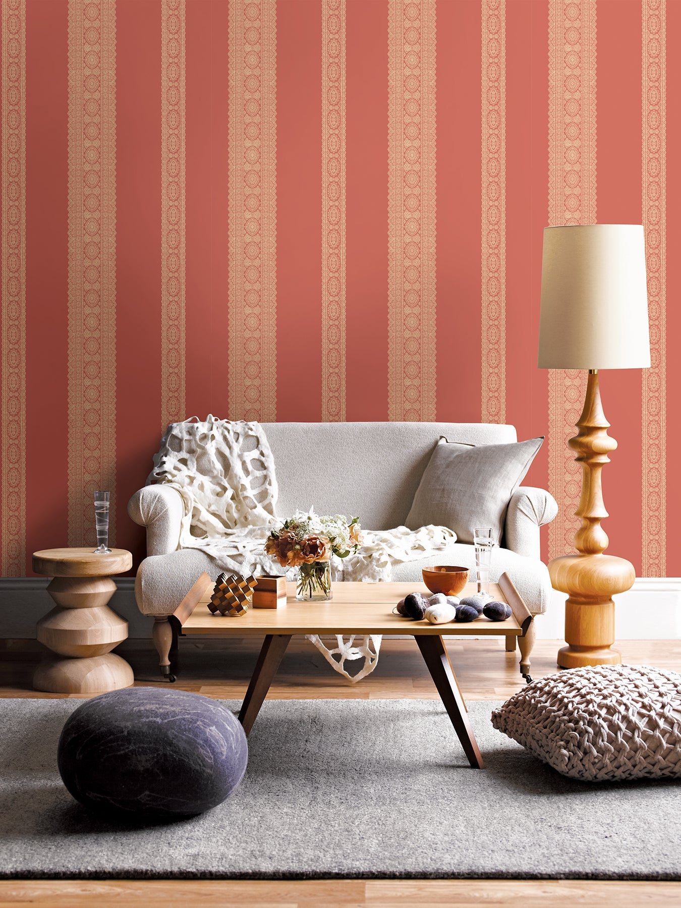 1014-001833 Coral Brynn Paisley Stripe Wallpaper By Brewster