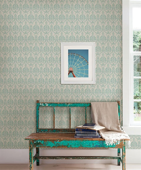 1014-001819 Turquoise Waverly Petite Damask Wallpaper By Brewster