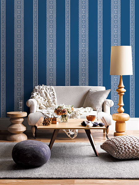 1014-001832 Indigo Brynn Paisley Stripe Wallpaper By Brewster