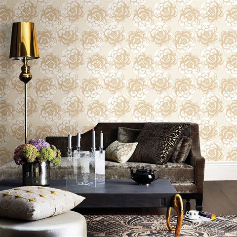 2763-24241 Fanciful Gold Floral Wallpaper By Brewster