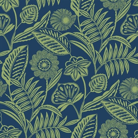 2969-87527 Alma Blue Tropical Floral Wallpaper by Brewster