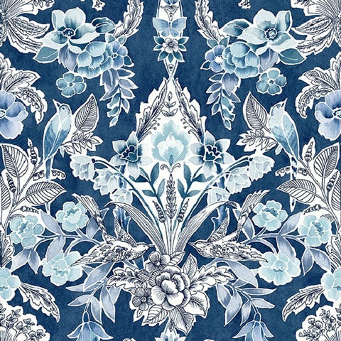 2903-25863 Vera Blue Floral Damask Wallpaper Blue Bell By A Street Prints