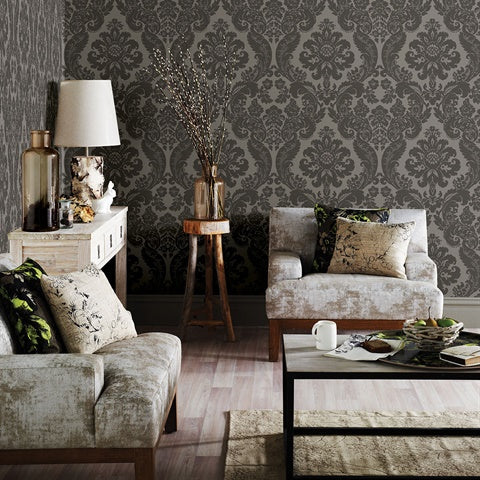 2763-87313 Shadow Grey Damask Wallpaper By Brewster