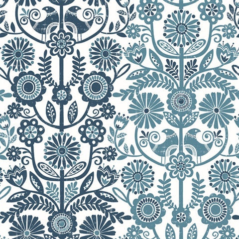 2821-25106 Lovebirds Navy Folk Stripe Wallpaper