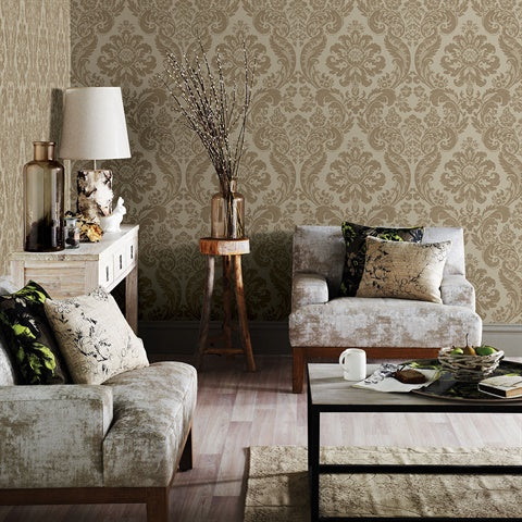 2763-87314 Shadow Khaki Damask Wallpaper By Brewster