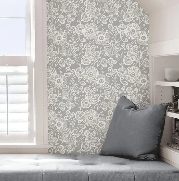NUS3261 Mia Grey Floral Peel and Stick Wallpaper