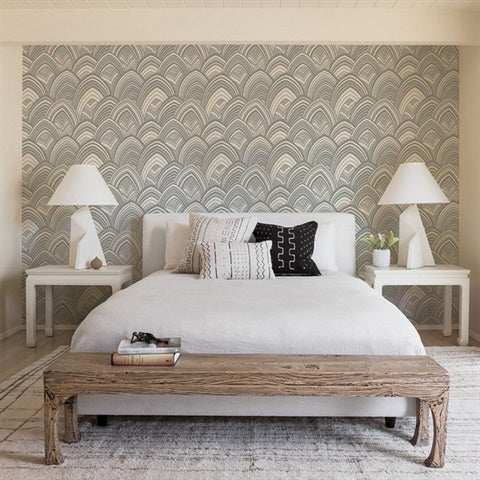 2969-87353 CABARITA Grey Art Deco Leaves Wallpaper by Brewster