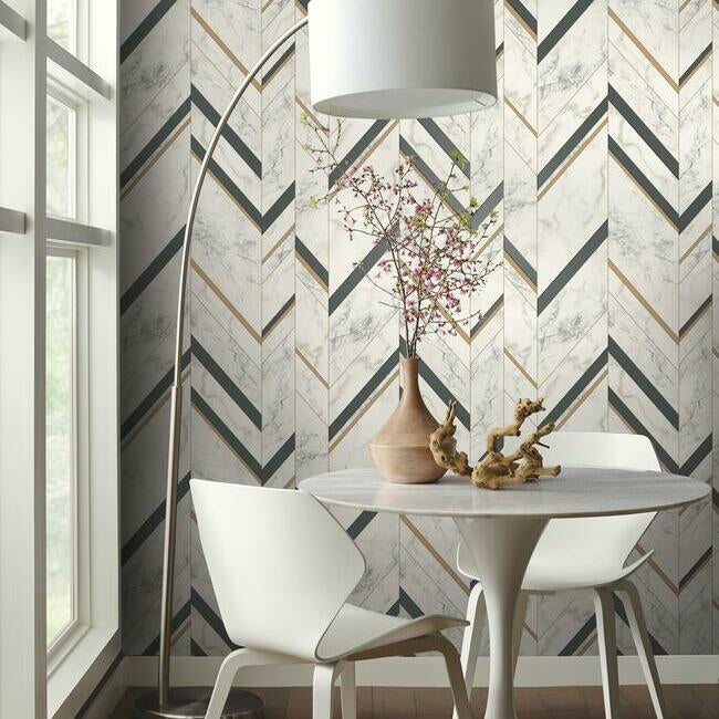 MM1805 Black/Gold Marble Chevron Wallpaper
