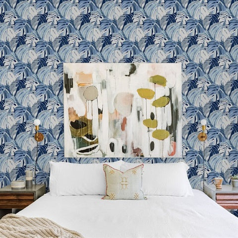 2969-26007 Samara Blue Monstera Leaf Wallpaper by Brewster