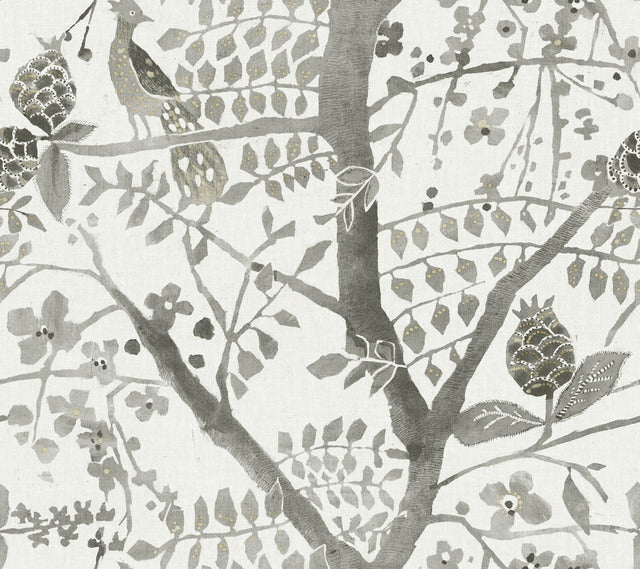 Gray Peacock Block Print Wallpaper