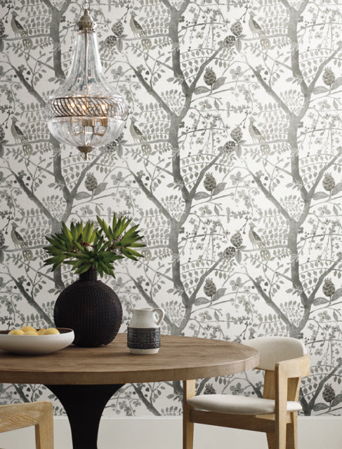 Gray Peacock Block Print Wallpaper