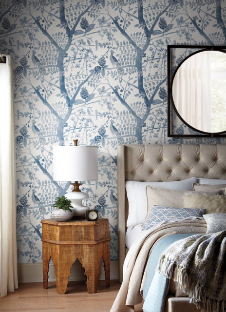 Blue Peacock Block Print Wallpaper