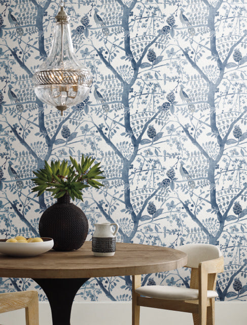 Blue Peacock Block Print Wallpaper