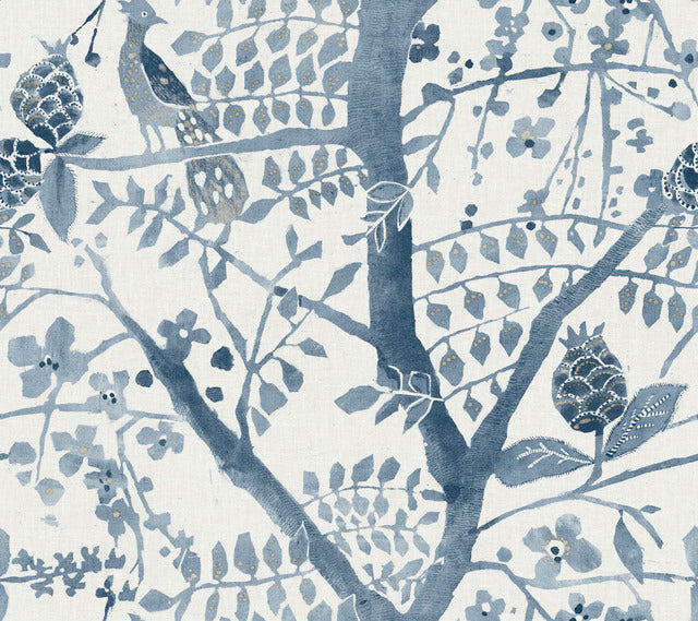 Blue Peacock Block Print Wallpaper