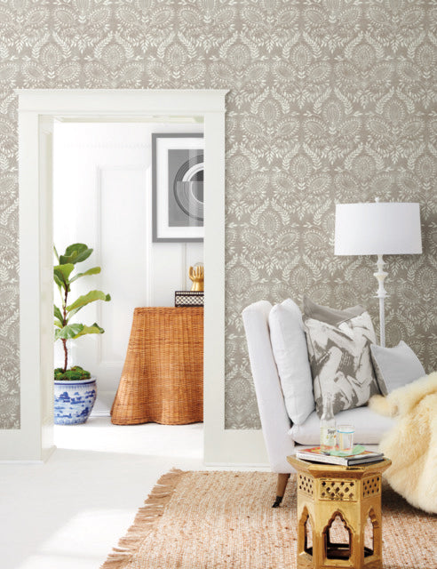 Brown Laurel Damask Wallpaper