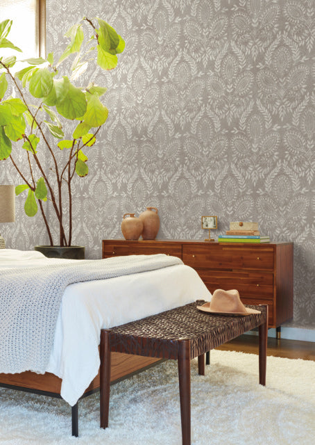 Brown Laurel Damask Wallpaper