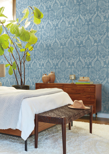 Blue Laurel Damask Wallpaper
