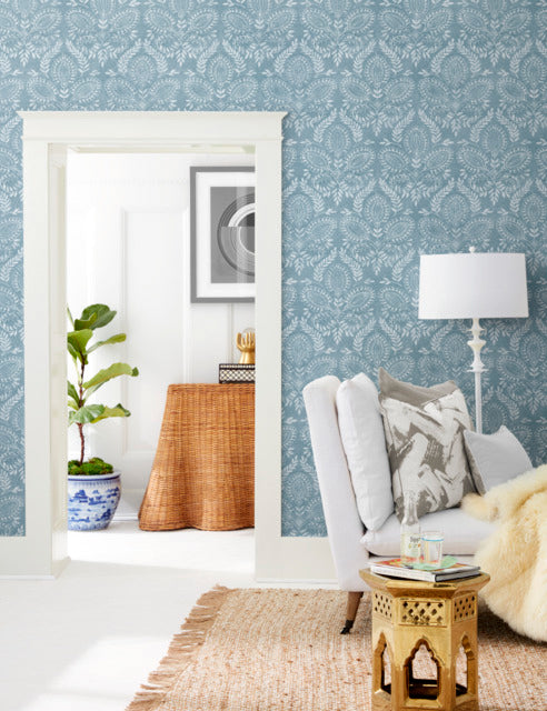 Blue Laurel Damask Wallpaper