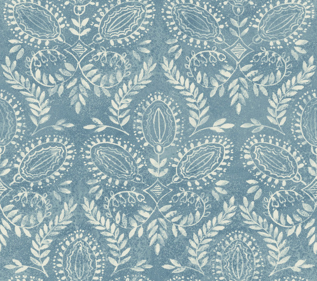 Blue Laurel Damask Wallpaper
