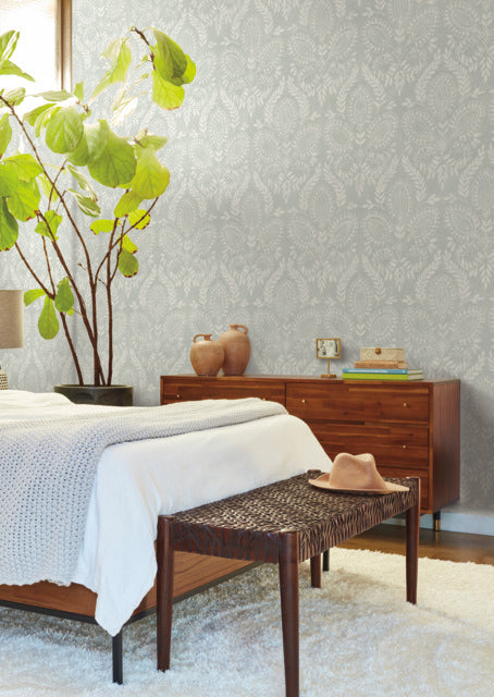Gray Laurel Damask Wallpaper
