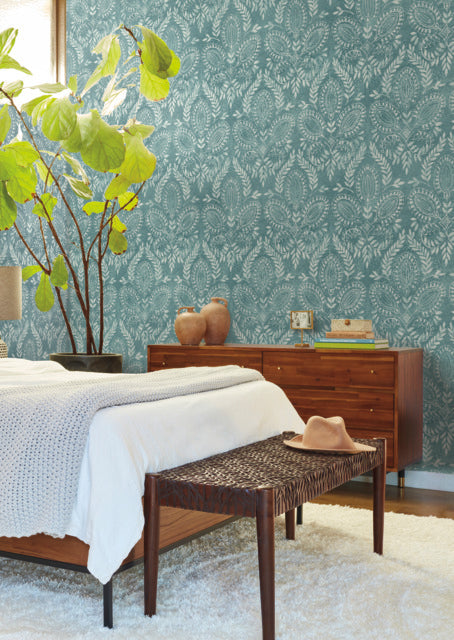 Teal Laurel Damask Wallpaper