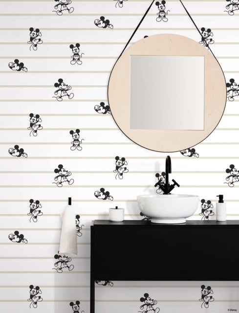 Black/White/Cream Disney Mickey Mouse Stripe Wallpaper
